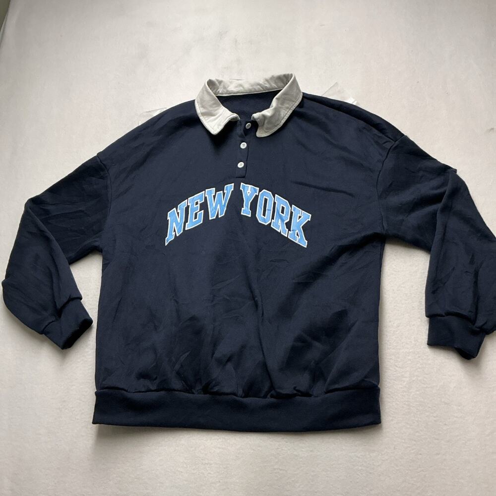 Womens SHEIN New York Collared Fleece Sweatshirt Sz S, Navy Blue Pullover 4226